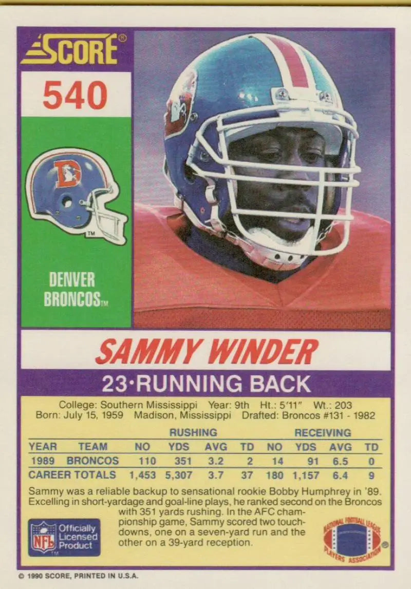1990 Score #540 Sammy Winder NM-MT Denver Broncos Football Card - Football Card Single