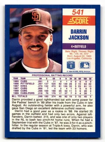 Original gloss of Darrin Jackson baseball card from 1990 Score #541 featuring simply Sandoval