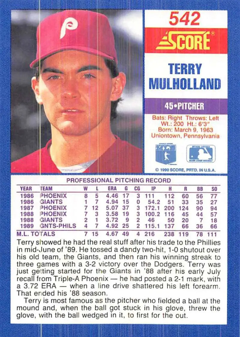 1990 Score #542 Terry Mulholland EX Excellent Philadelphia Phillies Baseball Card - Baseball Card Single