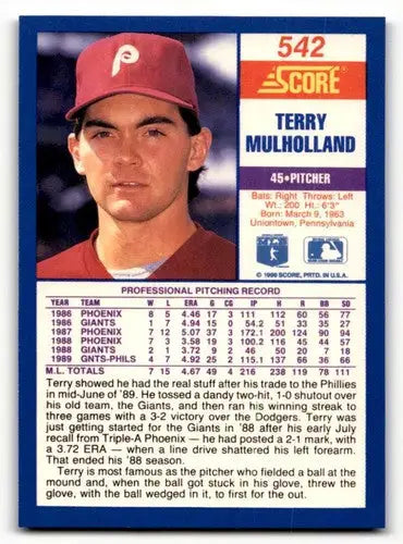 1990 Score Terry Mulholland baseball card with original gloss featuring terry mulholland