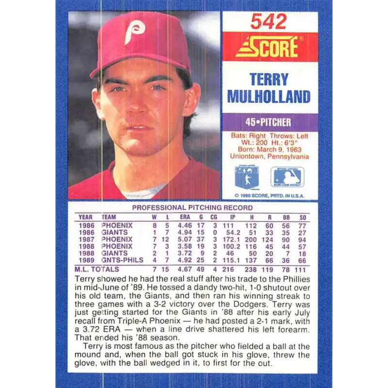 1990 Score #542 Terry Mulholland NM-MT Philadelphia Phillies Baseball Card - Baseball Card Single