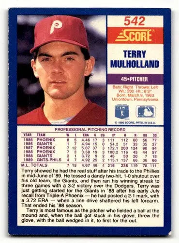 Original gloss Terry Mulholland Philadelphia Phillies baseball card 1990 Score #542