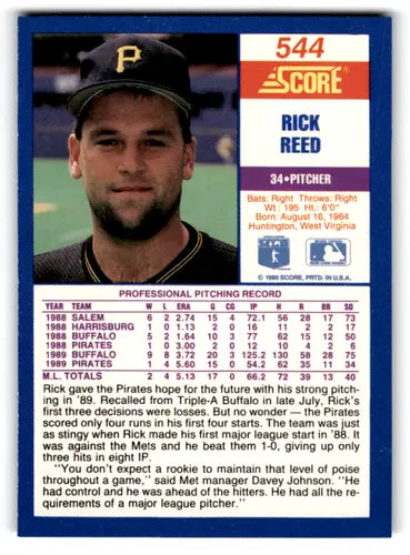 Original gloss Rick Reed rookie Pirates baseball card from 1990 Score #544