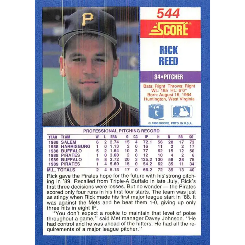 1990 Score #544 Rick Reed NM-MT RC Rookie Pittsburgh Pirates Baseball Card - Baseball Card Single