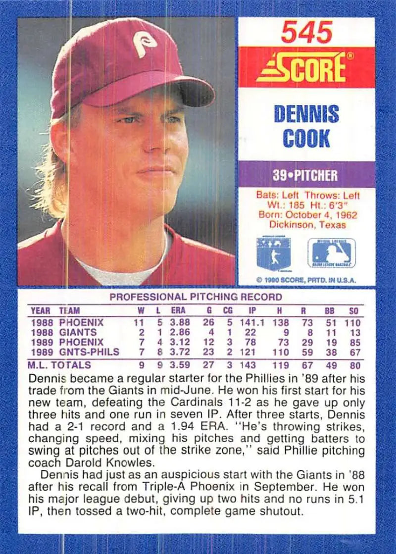 1990 Score #545 Dennis Cook EX Excellent Philadelphia Phillies Baseball Card - Baseball Card Single