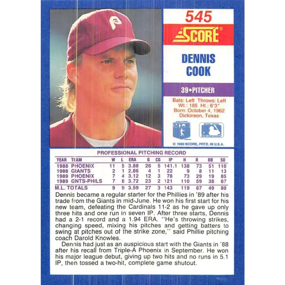 1990 Score #545 Dennis Cook NM-MT Philadelphia Phillies Baseball Card - Baseball Card Single