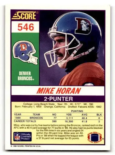 Original gloss Mike Horan Denver football card from 1990 Score #546 in Hornan Denver Broncos series