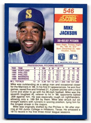 Original gloss Mike Jackson baseball card from 1990 Score #546 featuring Simply Sandoval