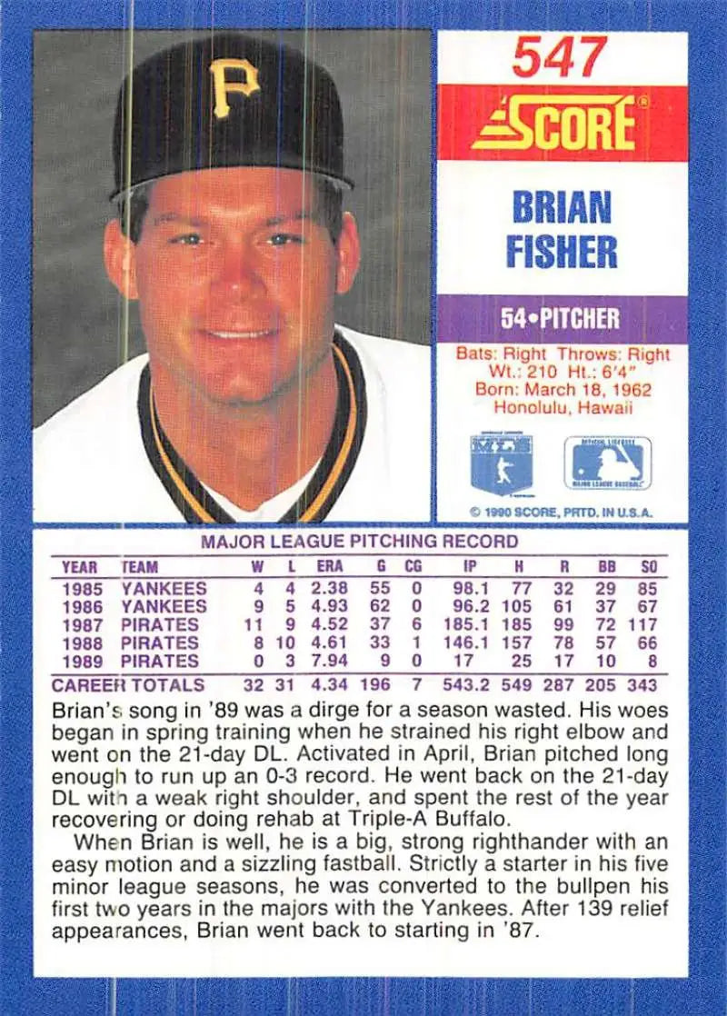 1990 Score #547 Brian Fisher EX Excellent Pittsburgh Pirates Baseball Card - Baseball Card Single