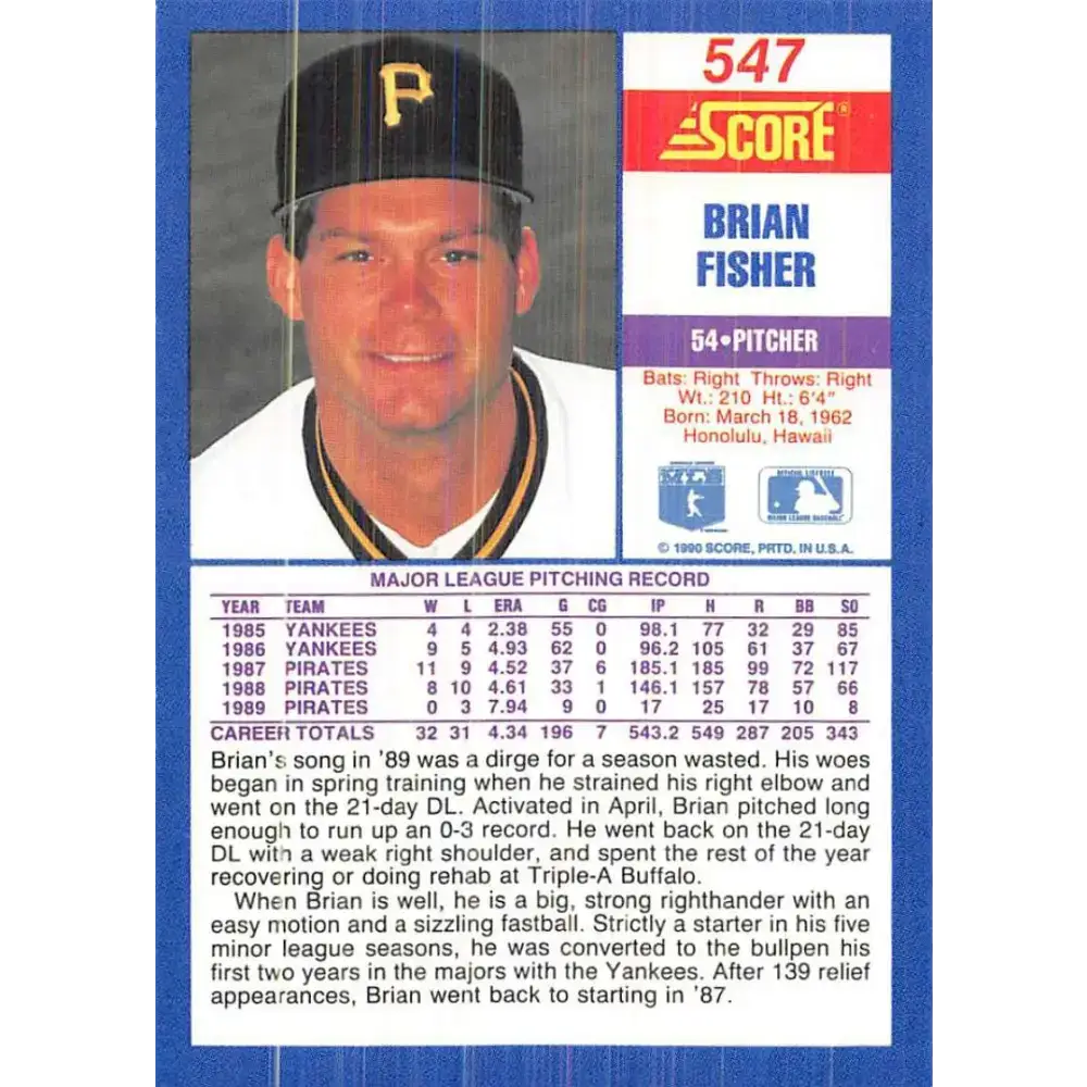 1990 Score #547 Brian Fisher NM-MT Pittsburgh Pirates Baseball Card - Baseball Card Single