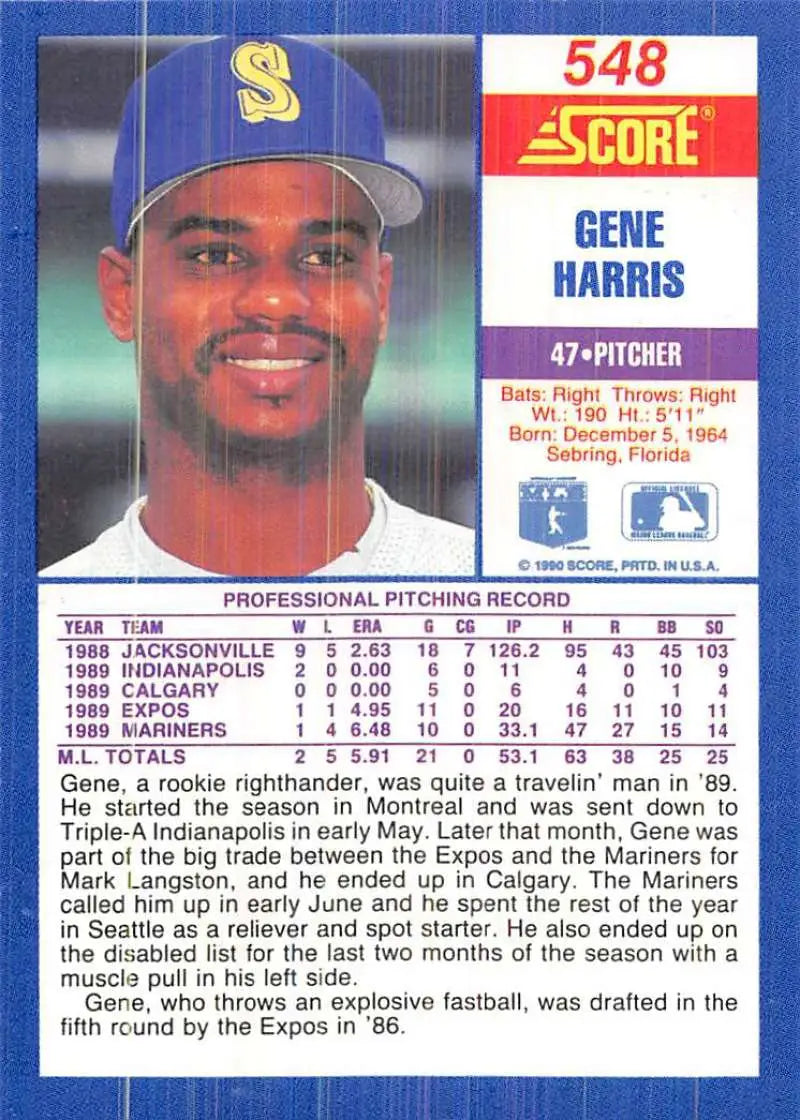 1990 Score #548 Gene Harris EX Excellent Seattle Mariners Baseball Card - Baseball Card Single