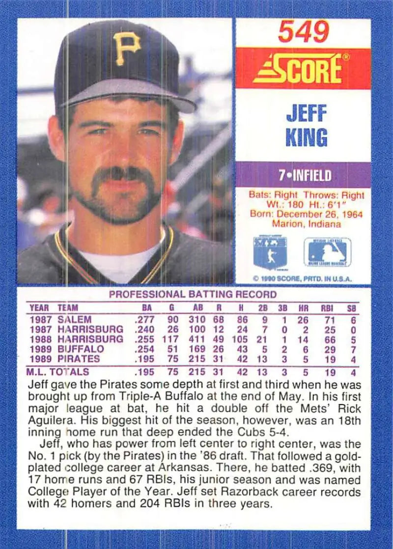 1990 Score #549 Jeff King EX Excellent Pittsburgh Pirates Baseball Card - Baseball Card Single