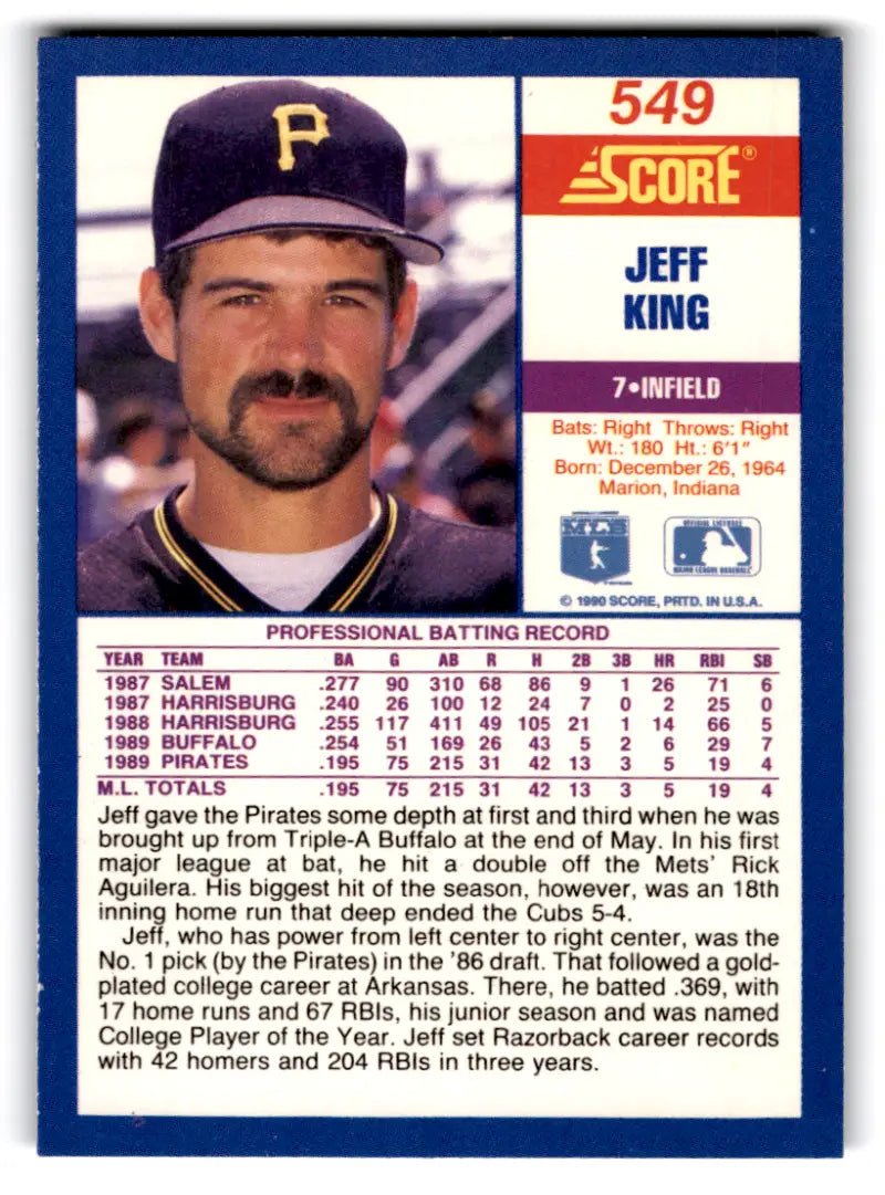 1990 Score #549 Jeff King NM-MT Pirates ID:70067 - Baseball Card Single