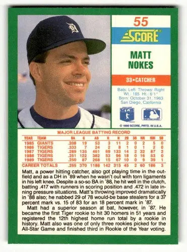 Original gloss Matt Nokes Detroit Tigers baseball card from 1990 Score #55