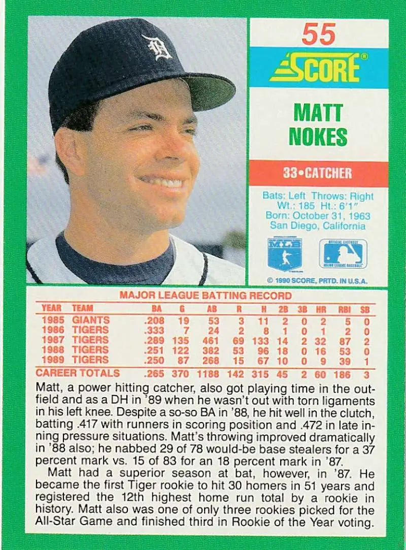 1990 Score #55 Matt Nokes EX Excellent Detroit Tigers Baseball Card - Baseball Card Single