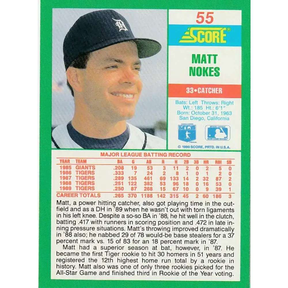 1990 Score #55 Matt Nokes NM-MT Detroit Tigers Baseball Card - Baseball Card Single