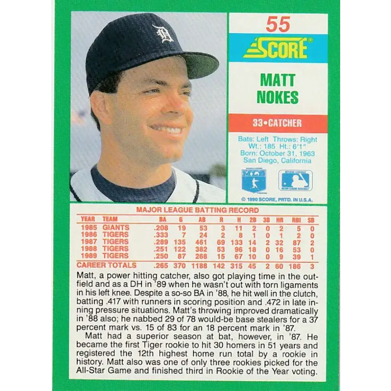 1990 Score #55 Matt Nokes NM-MT Detroit Tigers Baseball Card - Baseball Card Single