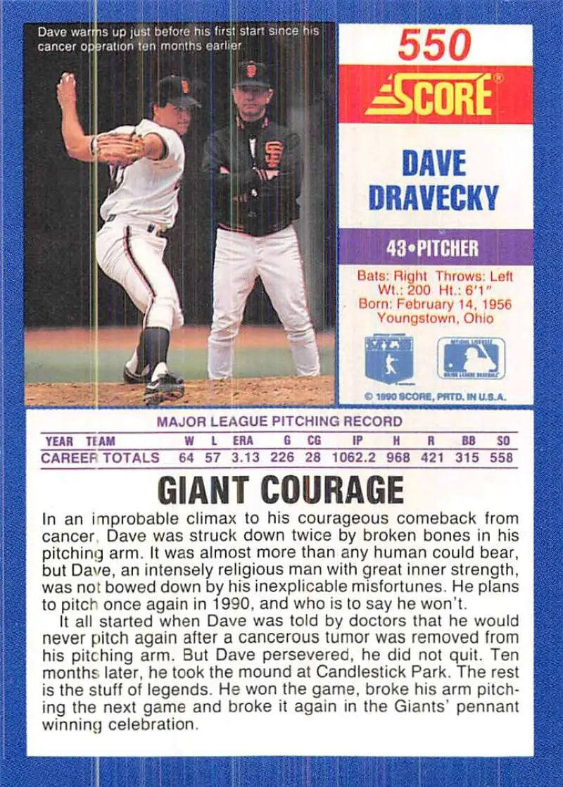 1990 Score #550 Dave Dravecky EX Excellent San Francisco Giants Baseball Card - Baseball Card Single