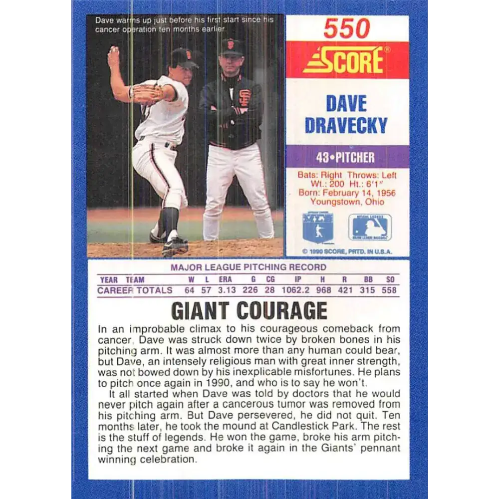 1990 Score #550 Dave Dravecky NM-MT San Francisco Giants Baseball Card - Baseball Card Single