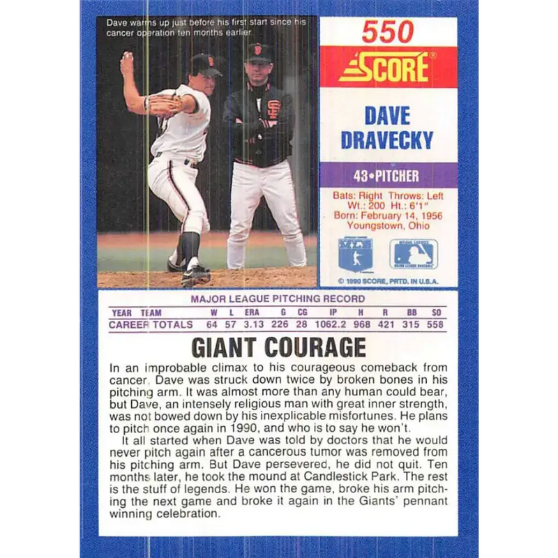 1990 Score #550 Dave Dravecky NM-MT San Francisco Giants Baseball Card - Baseball Card Single