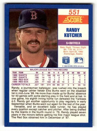Original gloss Boston Red Sox Randy Kutcher baseball card from 1990 Score series