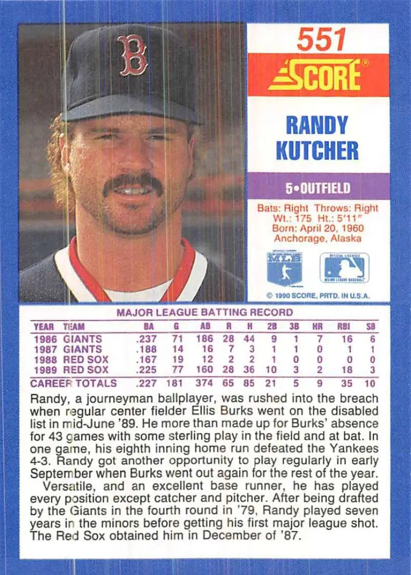 1990 Score #551 Randy Kutcher EX Excellent Boston Red Sox Baseball Card - Baseball Card Single
