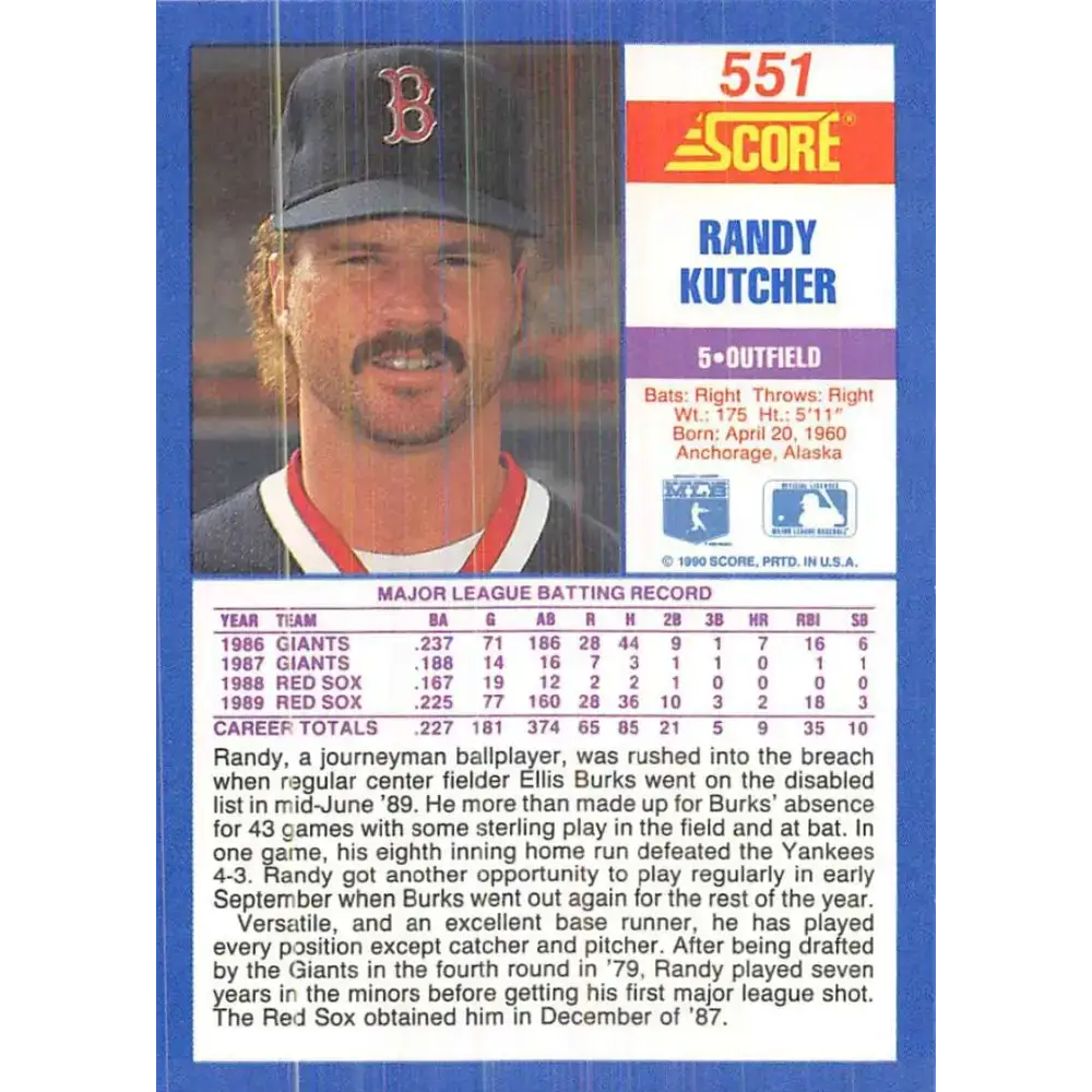 1990 Score #551 Randy Kutcher NM-MT Boston Red Sox Baseball Card - Baseball Card Single