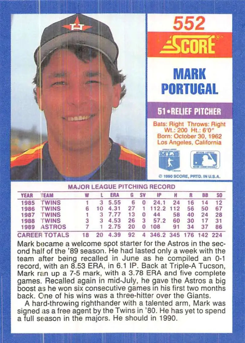 1990 Score #552 Mark Portugal EX Excellent Houston Astros Baseball Card - Baseball Card Single