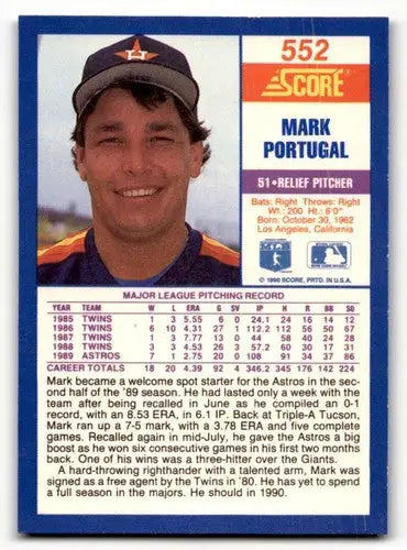 Original gloss 1990 Score Mark Portugal baseball card featuring Mark Portugal and Simply Sandoval