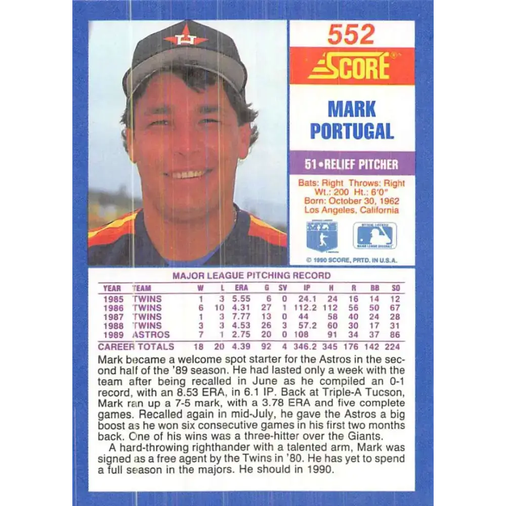 1990 Score #552 Mark Portugal NM-MT Houston Astros Baseball Card - Baseball Card Single