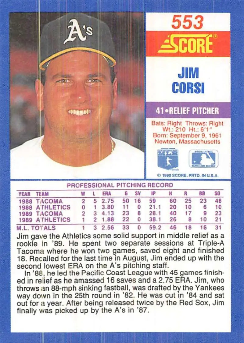 1990 Score #553 Jim Corsi EX Excellent Oakland Athletics Baseball Card - Baseball Card Single