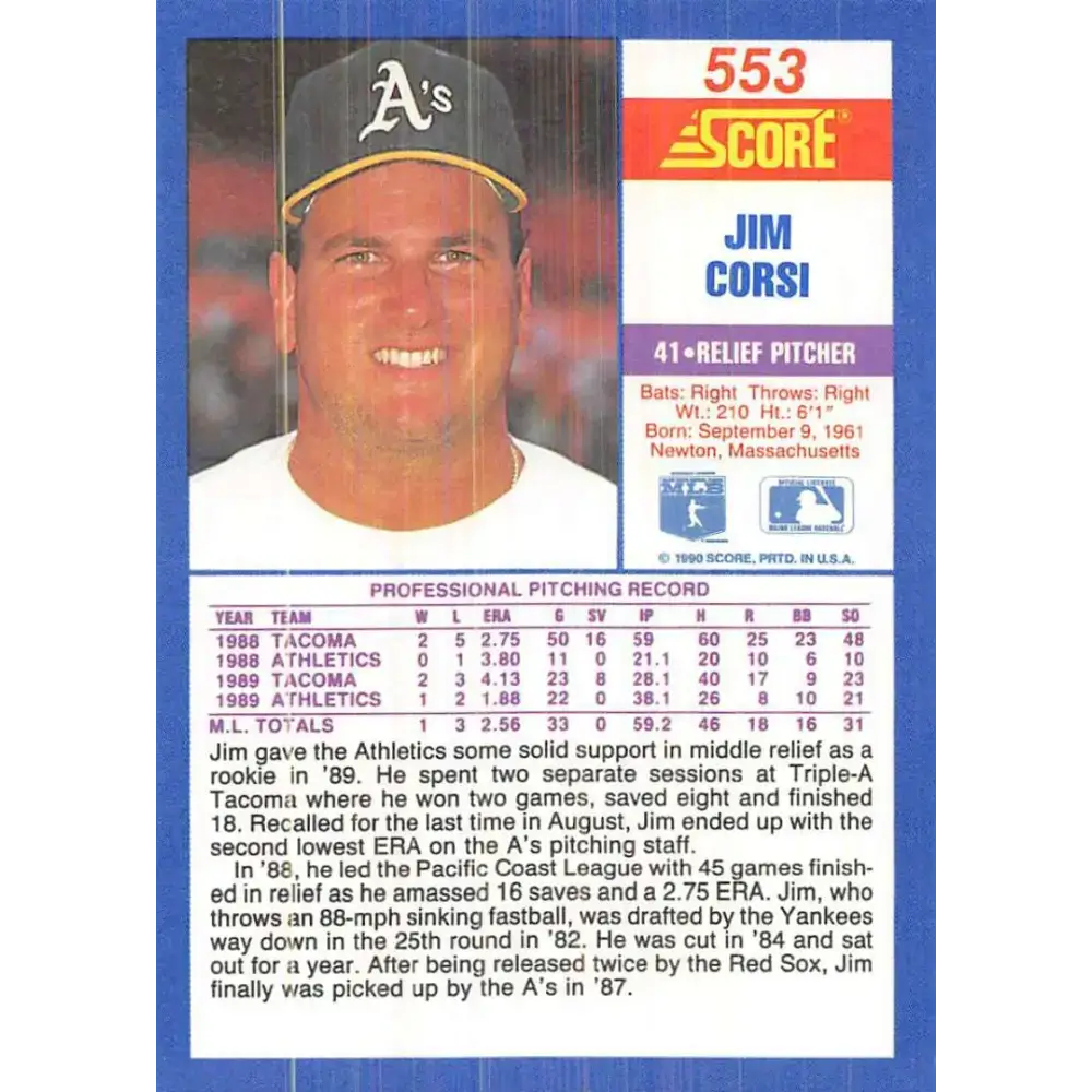 1990 Score #553 Jim Corsi NM-MT Oakland Athletics Baseball Card - Baseball Card Single