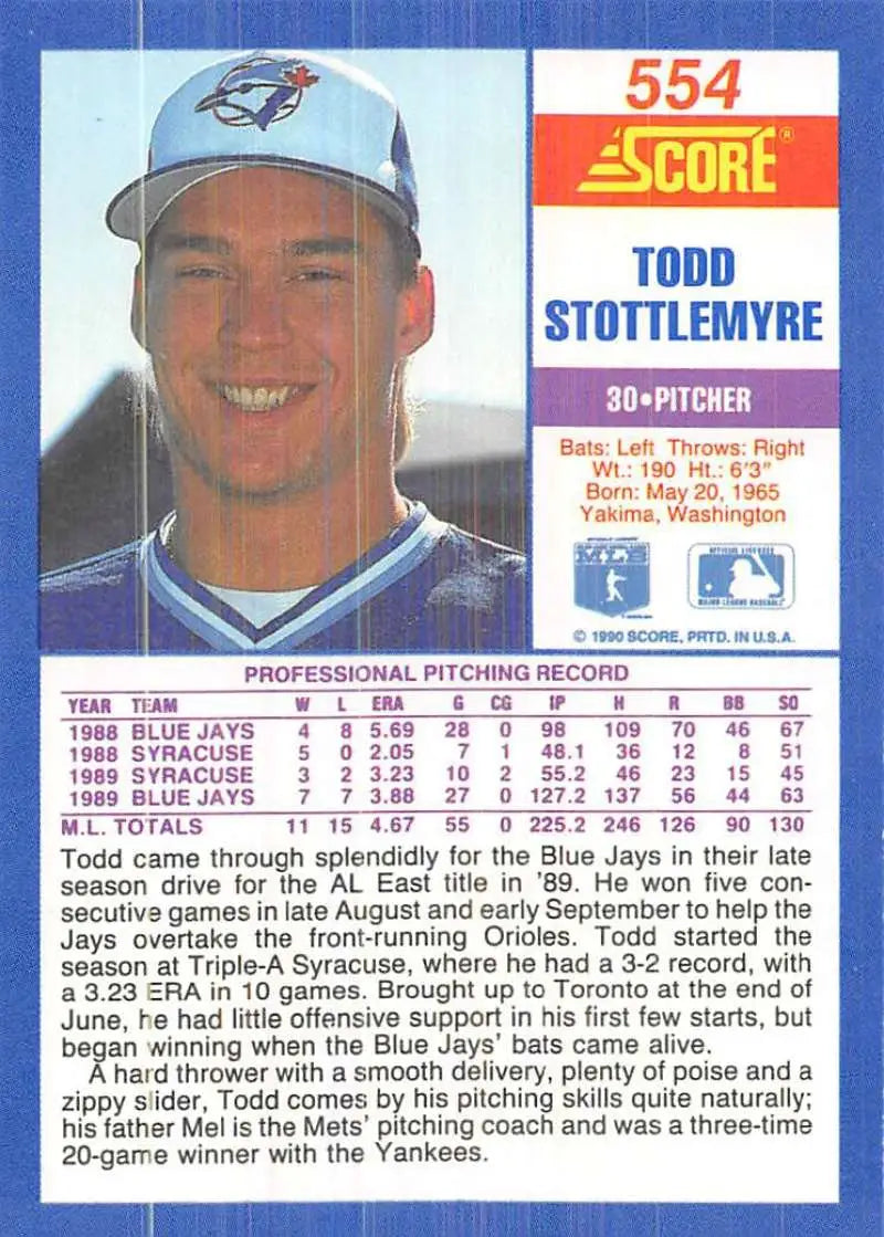 1990 Score #554 Todd Stottlemyre EX Excellent Toronto Blue Jays Baseball Card - Baseball Card Single