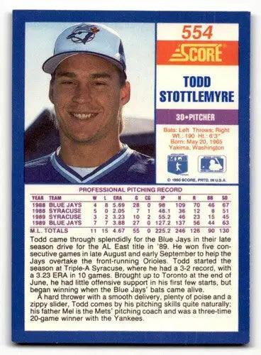 Original gloss baseball card of Todd Stottlemyre from 1990 Score #554, collectible item