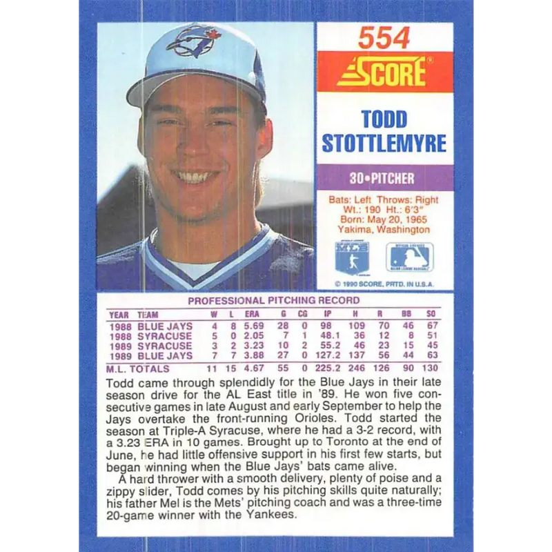 1990 Score #554 Todd Stottlemyre NM-MT Toronto Blue Jays Baseball Card - Baseball Card Single