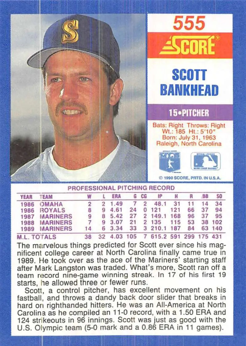 1990 Score #555 Scott Bankhead EX Excellent Seattle Mariners Baseball Card - Baseball Card Single