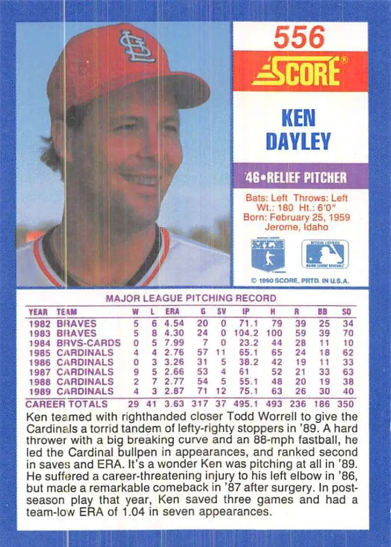1990 Score #556 Ken Dayley EX Excellent St. Louis Cardinals Baseball Card - Baseball Card Single