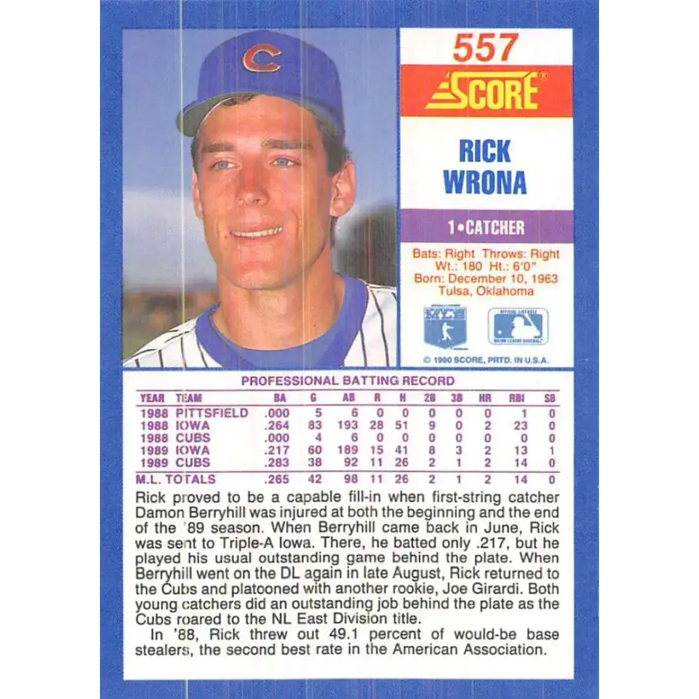 1990 Score #557 Rick Wrona NM-MT Chicago Cubs Baseball Card - Baseball Card Single
