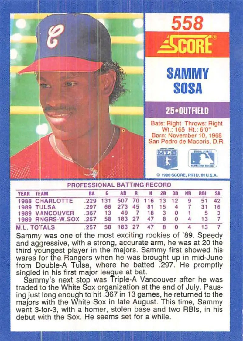 1990 Score #558 Sammy Sosa EX Excellent RC Rookie Chicago White Sox Baseball Card - Baseball Card Single