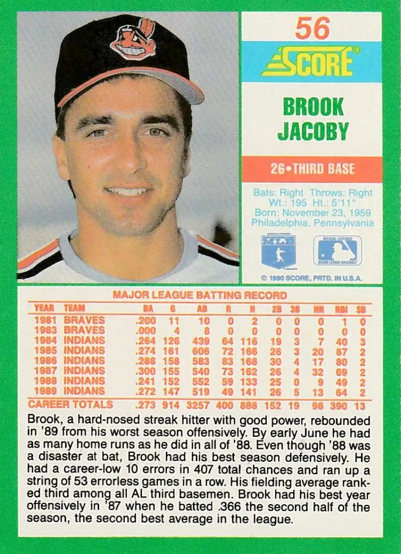 1990 Score #56 Brook Jacoby EX Excellent Cleveland Indians Baseball Card - Baseball Card Single