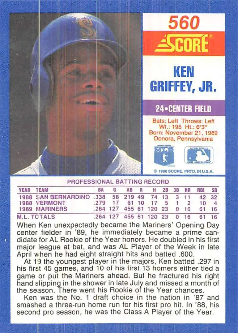 1990 Score #560 Ken Griffey Jr. EX Excellent Seattle Mariners Baseball Card - Baseball Card Single