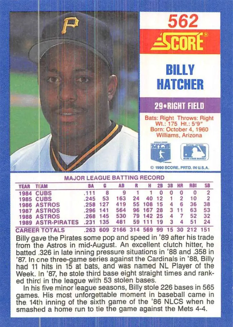 1990 Score #562 Billy Hatcher EX Excellent Pittsburgh Pirates Baseball Card - Baseball Card Single