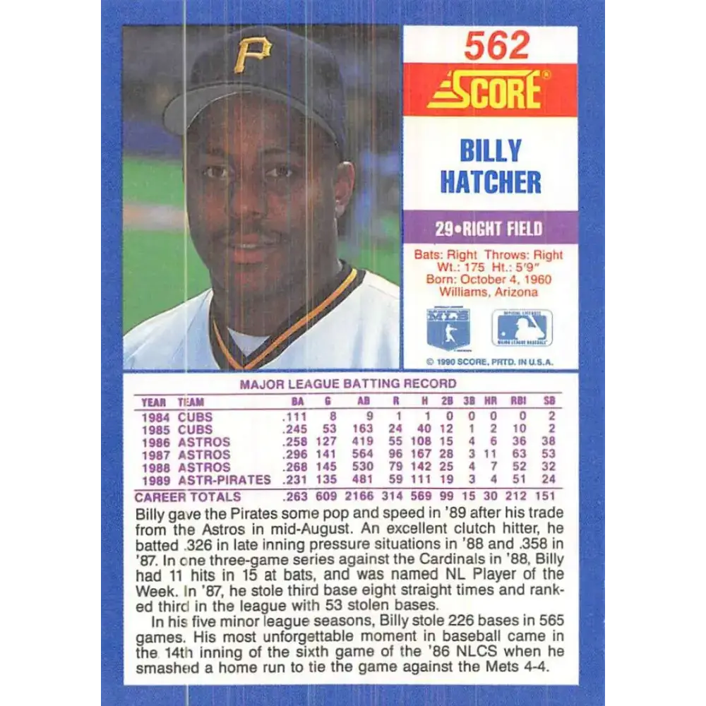 1990 Score #562 Billy Hatcher NM-MT Pittsburgh Pirates Baseball Card - Baseball Card Single