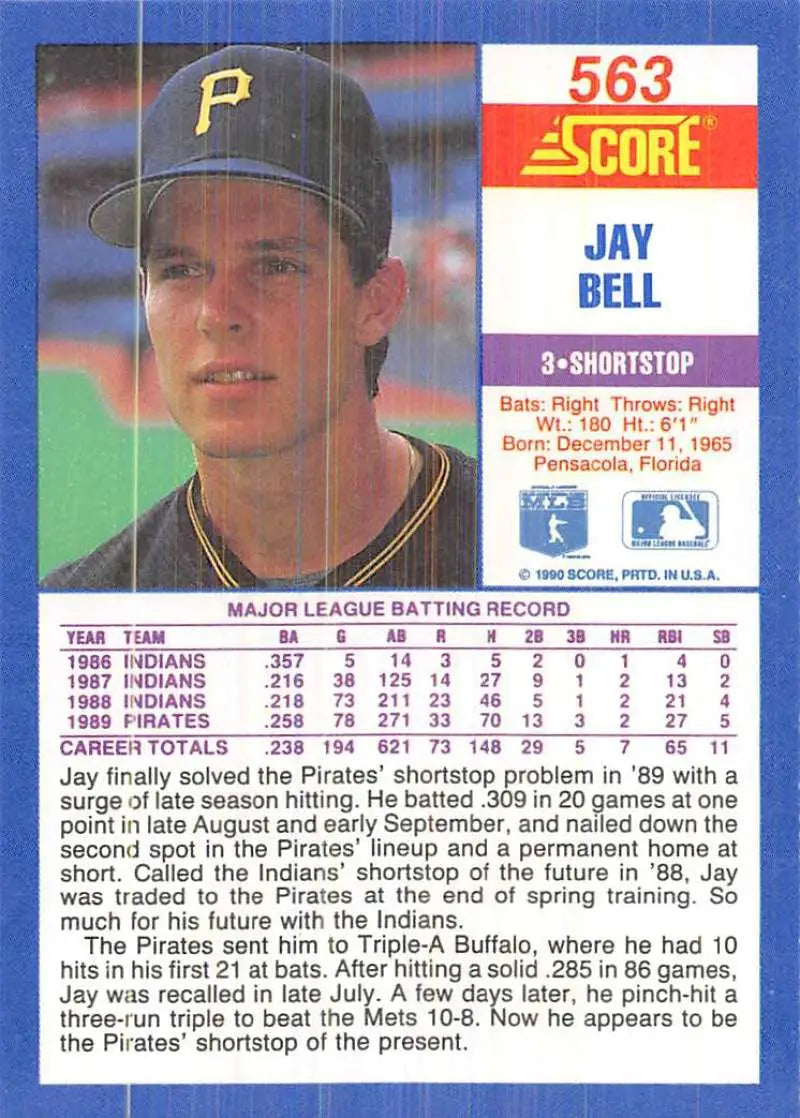 1990 Score #563 Jay Bell EX Excellent Pittsburgh Pirates Baseball Card - Baseball Card Single