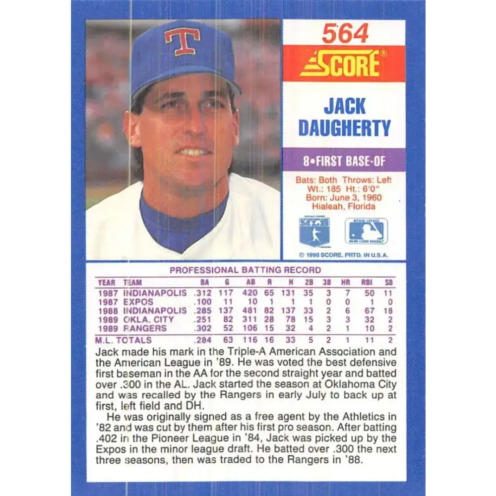 1990 Score #564 Jack Daugherty NM-MT RC Rookie Texas Rangers Baseball Card - Baseball Card Single