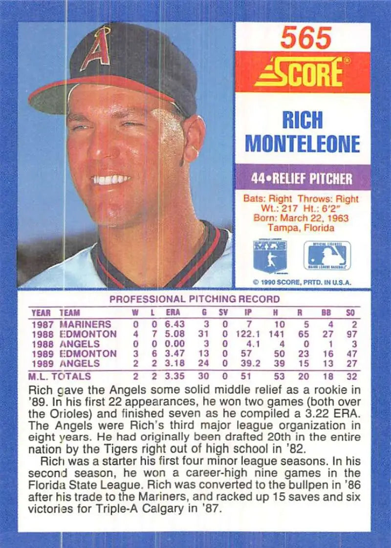 1990 Score #565 Rich Monteleone EX Excellent California Angels Baseball Card - Baseball Card Single