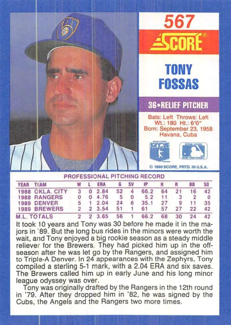 1990 Score #567 Tony Fossas EX Excellent RC Rookie Milwaukee Brewers Baseball Card - Baseball Card Single