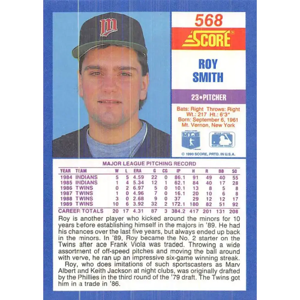 1990 Score #568 Roy Smith NM-MT Minnesota Twins Baseball Card - Baseball Card Single