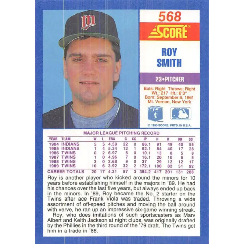 1990 Score #568 Roy Smith NM-MT Minnesota Twins Baseball Card - Baseball Card Single