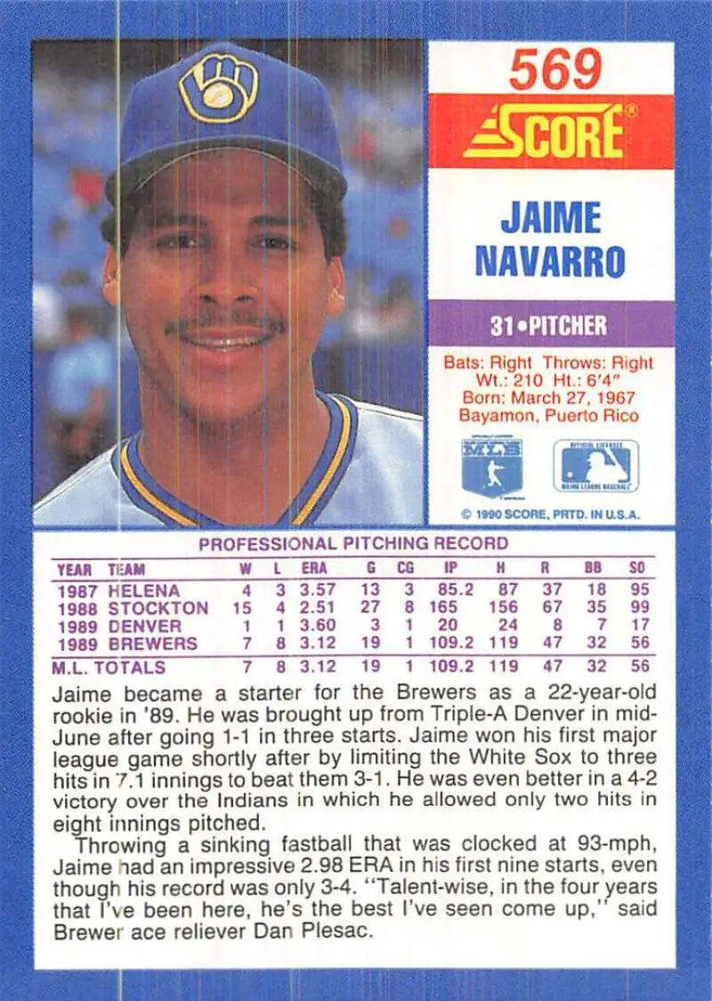 1990 Score #569 Jaime Navarro EX Excellent Milwaukee Brewers Baseball Card - Baseball Card Single